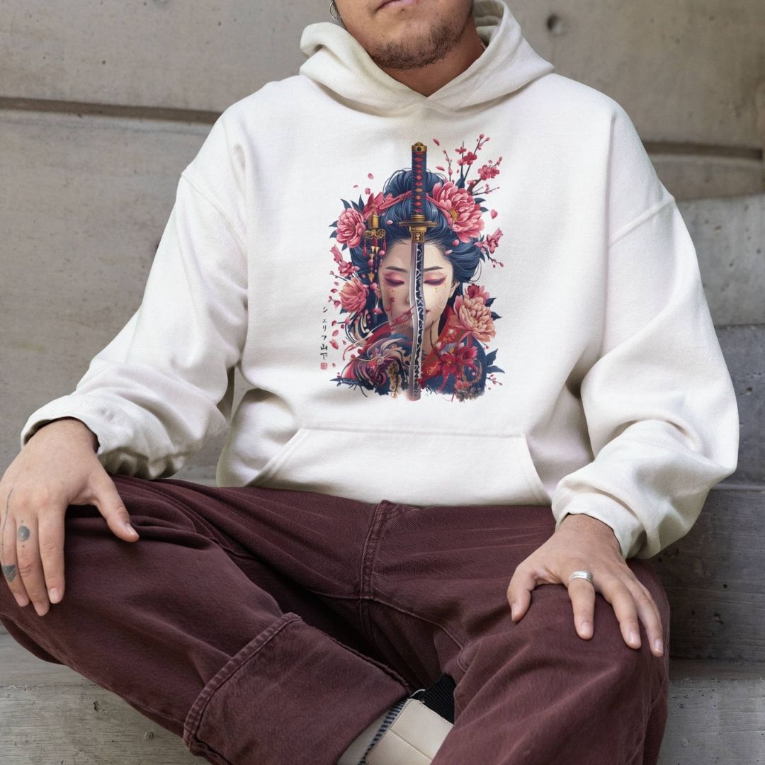 GEISHA & KATANA – Visible Sign Hoodie (Unisex, Off-White, Frontprint) | YAMASHITA