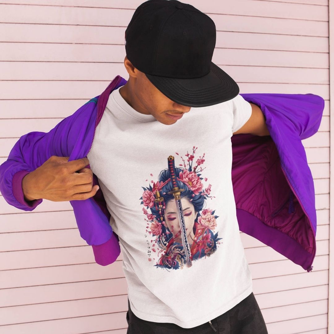 GEISHA & KATANA – Visible Sign T-Shirt (Herren, Weiß) | YAMASHITA