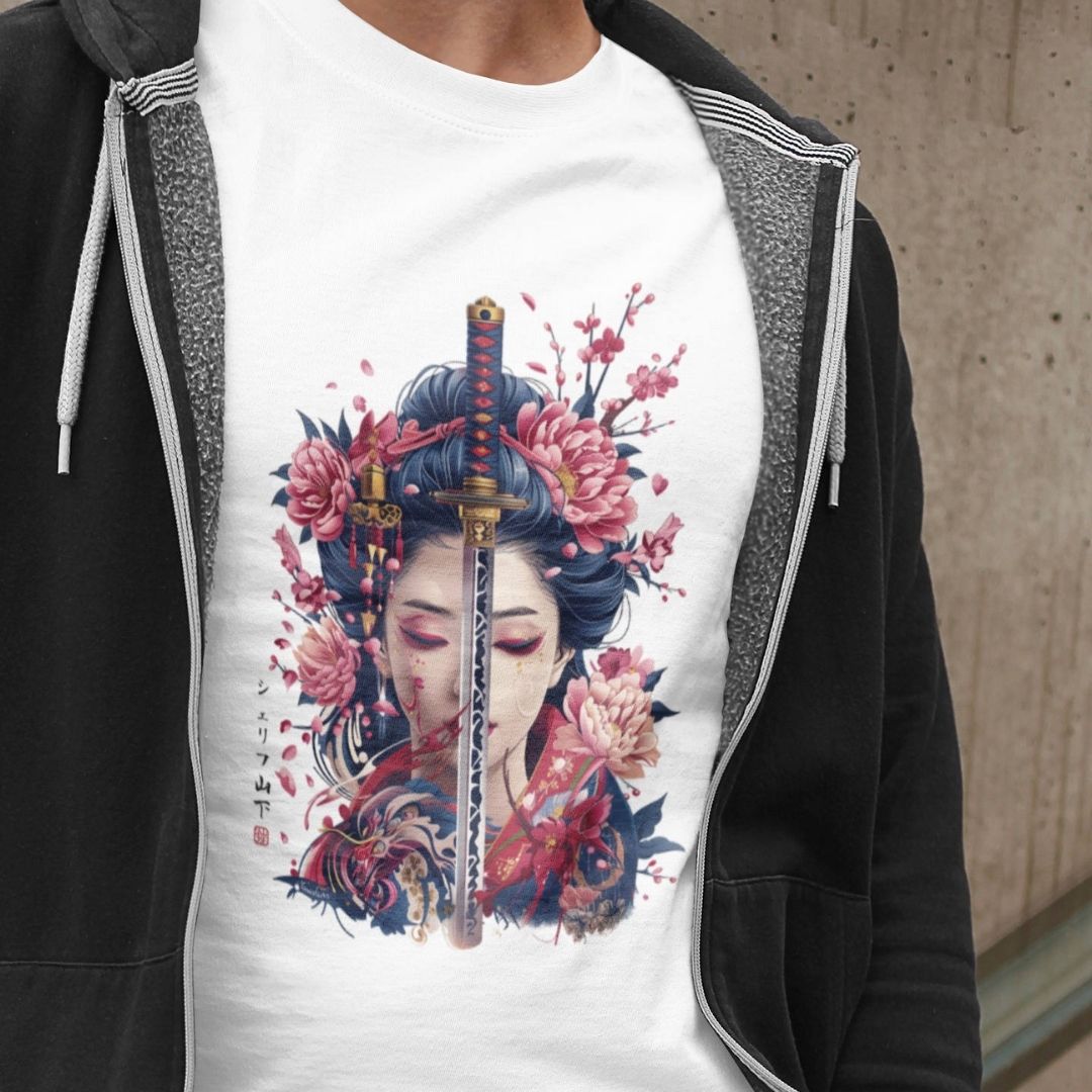 GEISHA & KATANA – Visible Sign T-Shirt (Herren, Weiß) | YAMASHITA