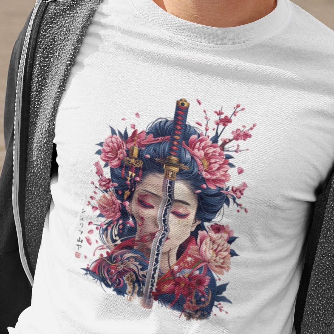 GEISHA & KATANA – Visible Sign T-Shirt (Herren, Weiß) | YAMASHITA
