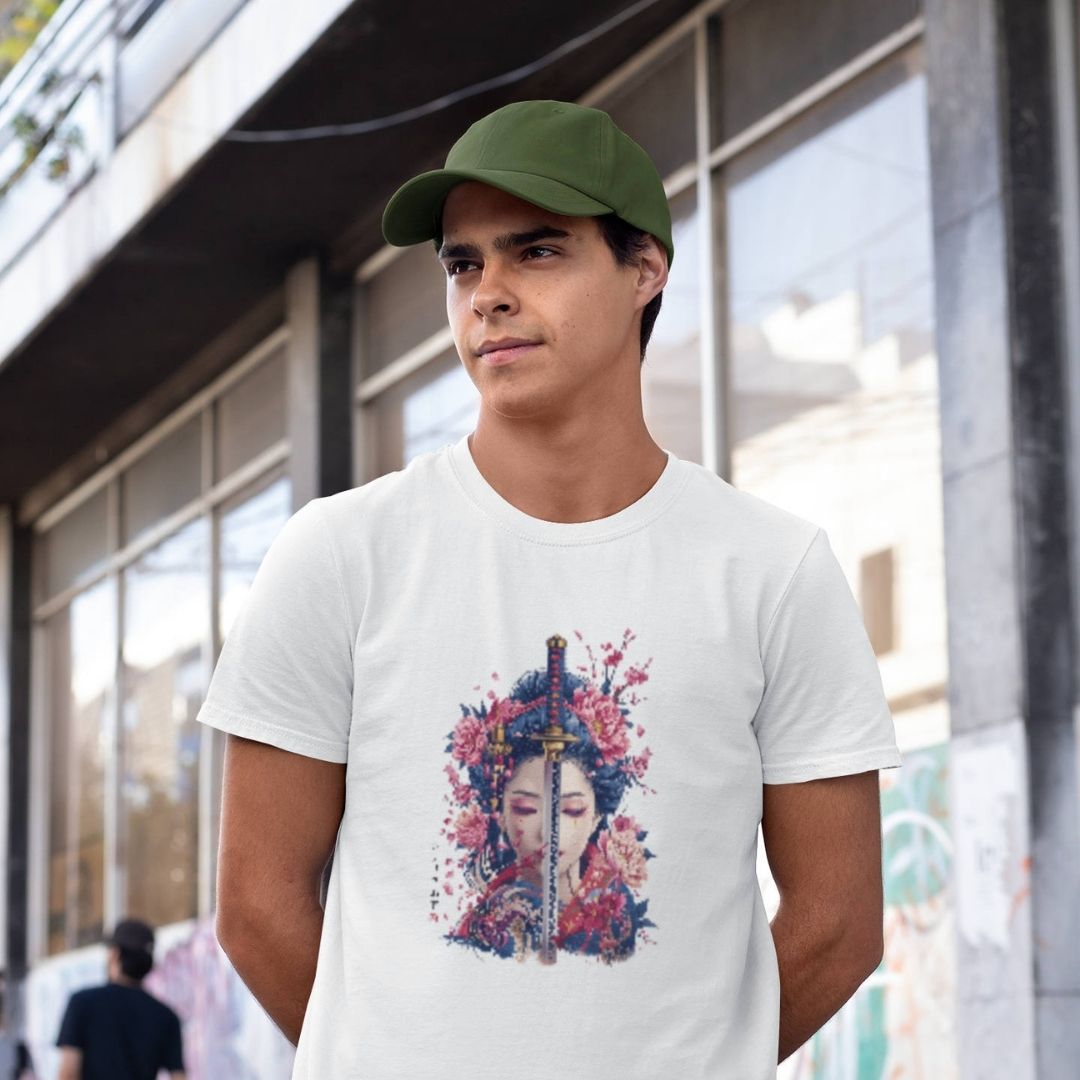 GEISHA & KATANA – Visible Sign T-Shirt (Herren, Weiß) | YAMASHITA