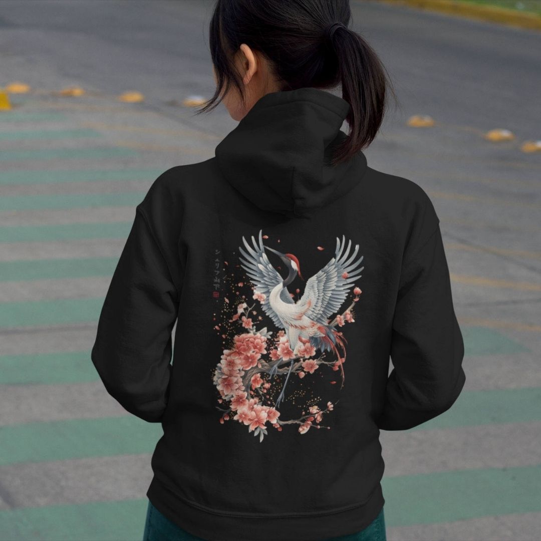 CRANE & FLOWER – Visible Sign Hoodie (Unisex, Schwarz, Backprint) | YAMASHITA