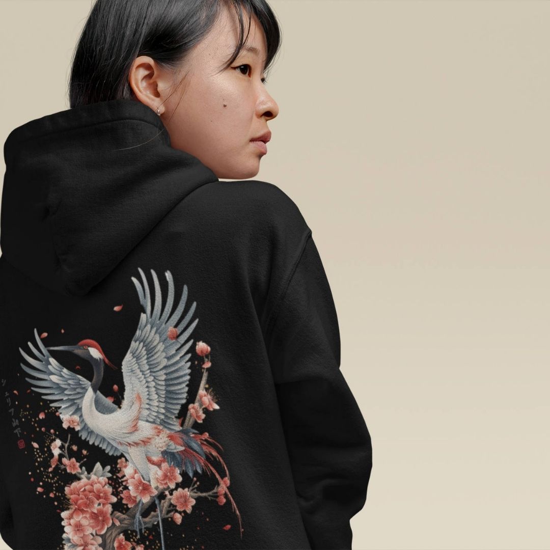 CRANE & FLOWER – Visible Sign Hoodie (Unisex, Schwarz, Backprint) | YAMASHITA