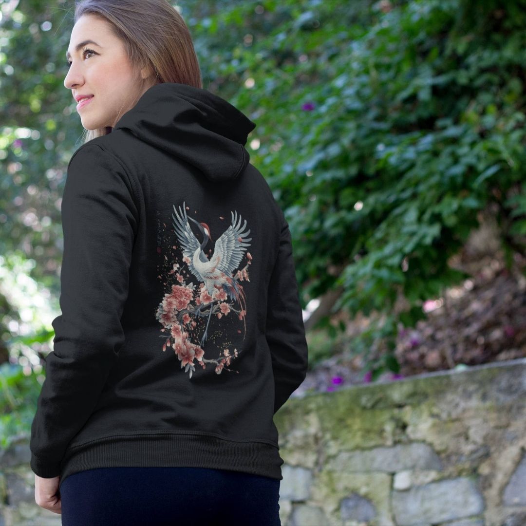 CRANE & FLOWER – Visible Sign Hoodie (Unisex, Schwarz, Backprint) | YAMASHITA