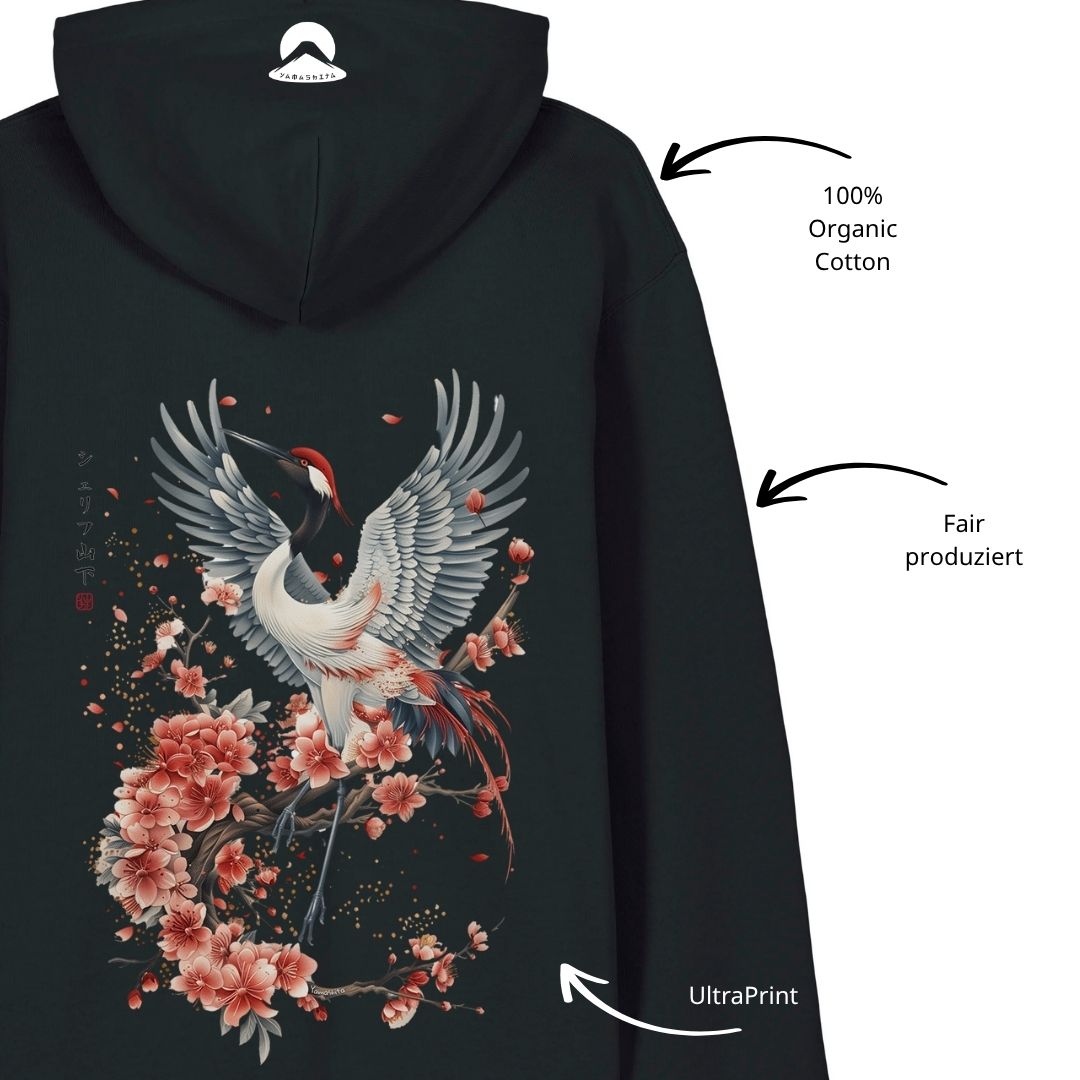 CRANE & FLOWER – Visible Sign Hoodie (Unisex, Schwarz, Backprint) | YAMASHITA