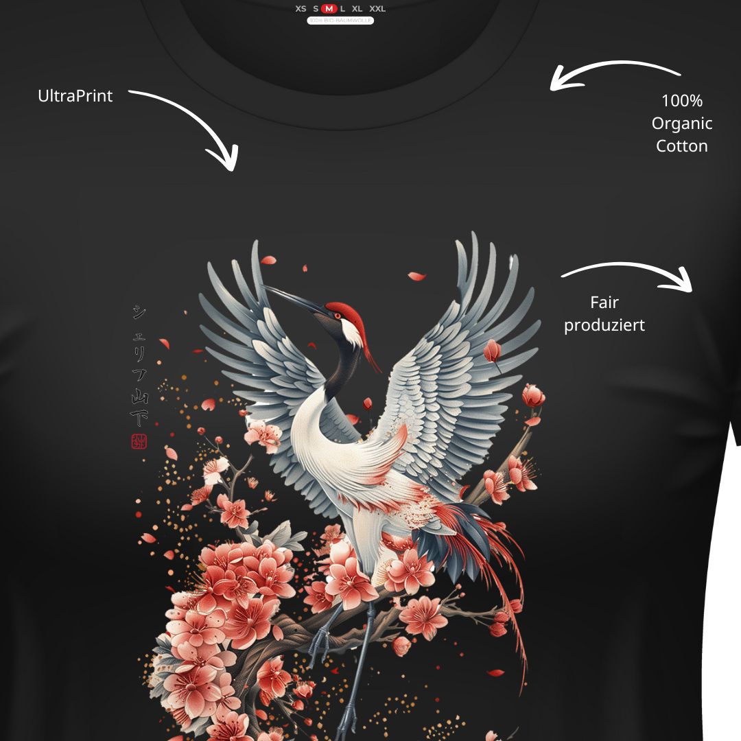CRANE & FLOWER – Visible Sign T-Shirt (Damen, Schwarz) | YAMASHITA