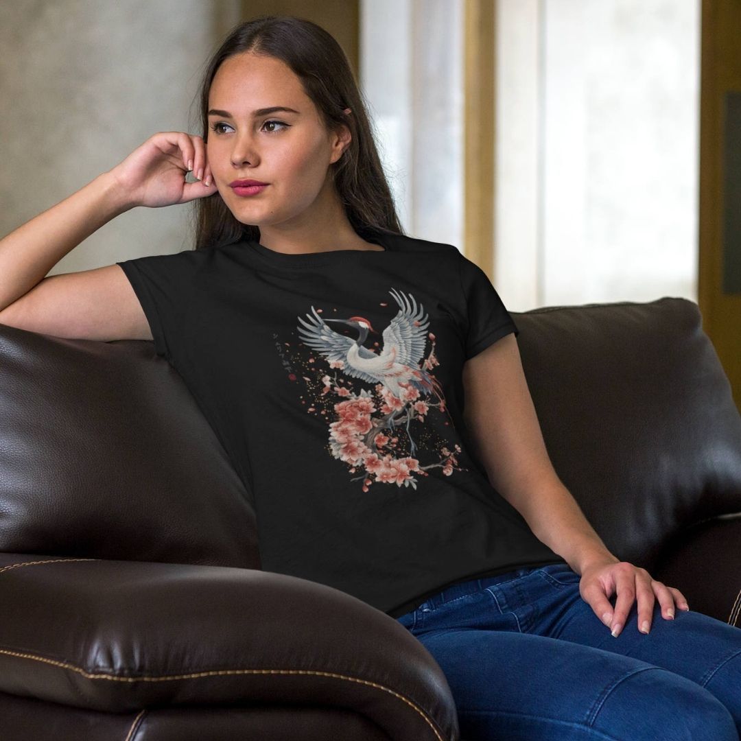 CRANE & FLOWER – Visible Sign T-Shirt (Damen, Schwarz) | YAMASHITA