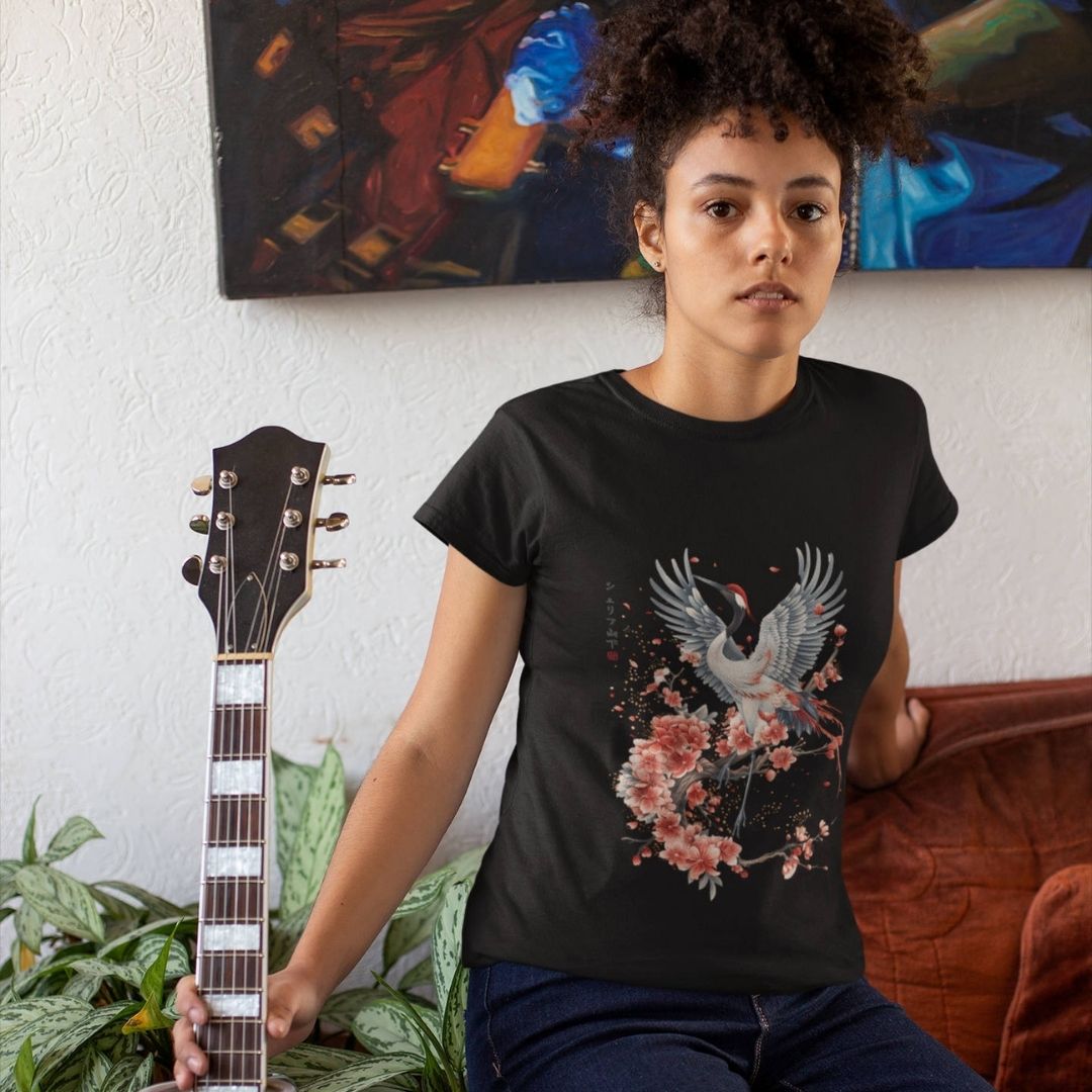 CRANE & FLOWER – Visible Sign T-Shirt (Damen, Schwarz) | YAMASHITA