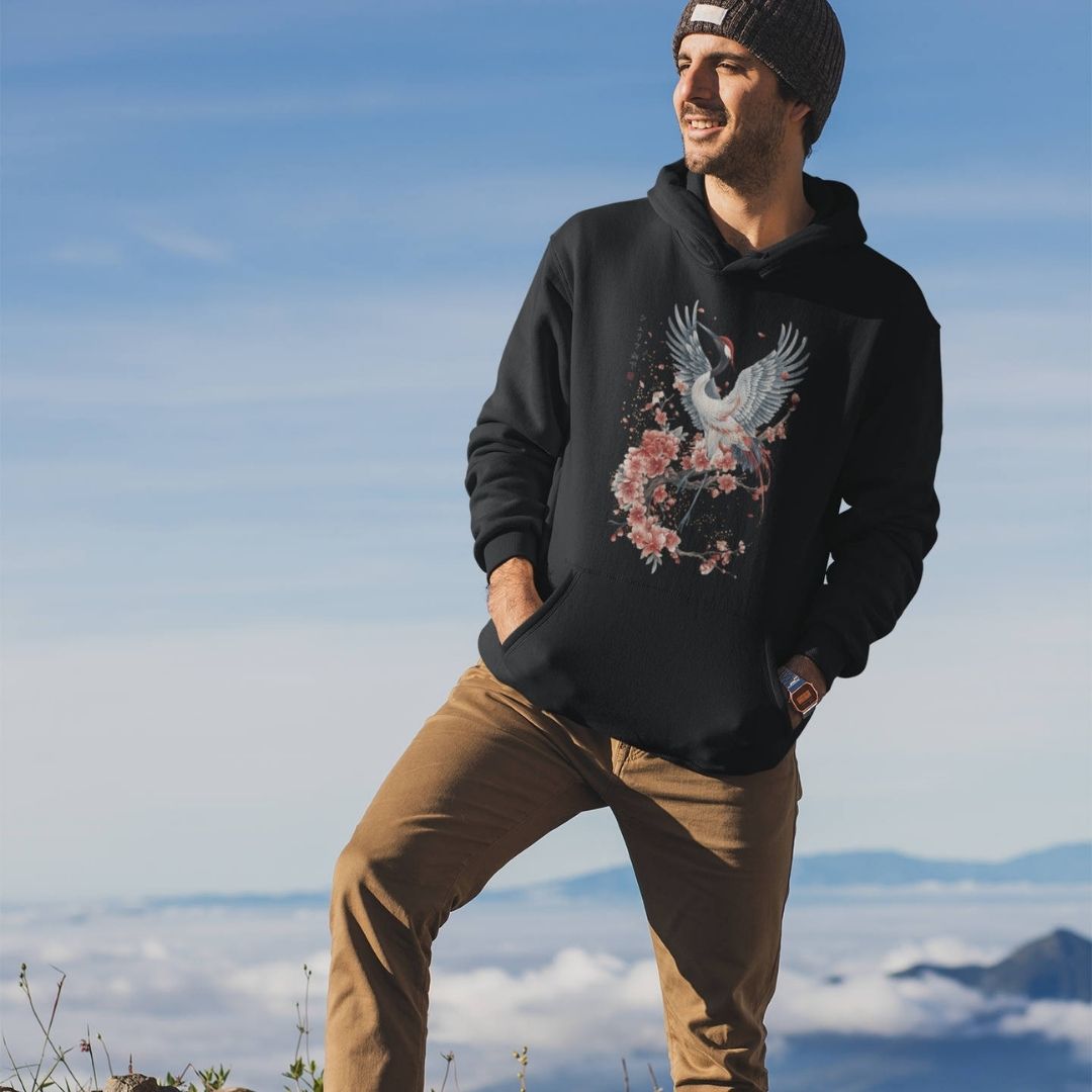 CRANE & FLOWER – Visible Sign Hoodie (Unisex, Schwarz, Frontprint) | YAMASHITA