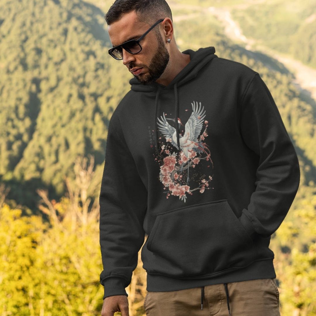CRANE & FLOWER – Visible Sign Hoodie (Unisex, Schwarz, Frontprint) | YAMASHITA