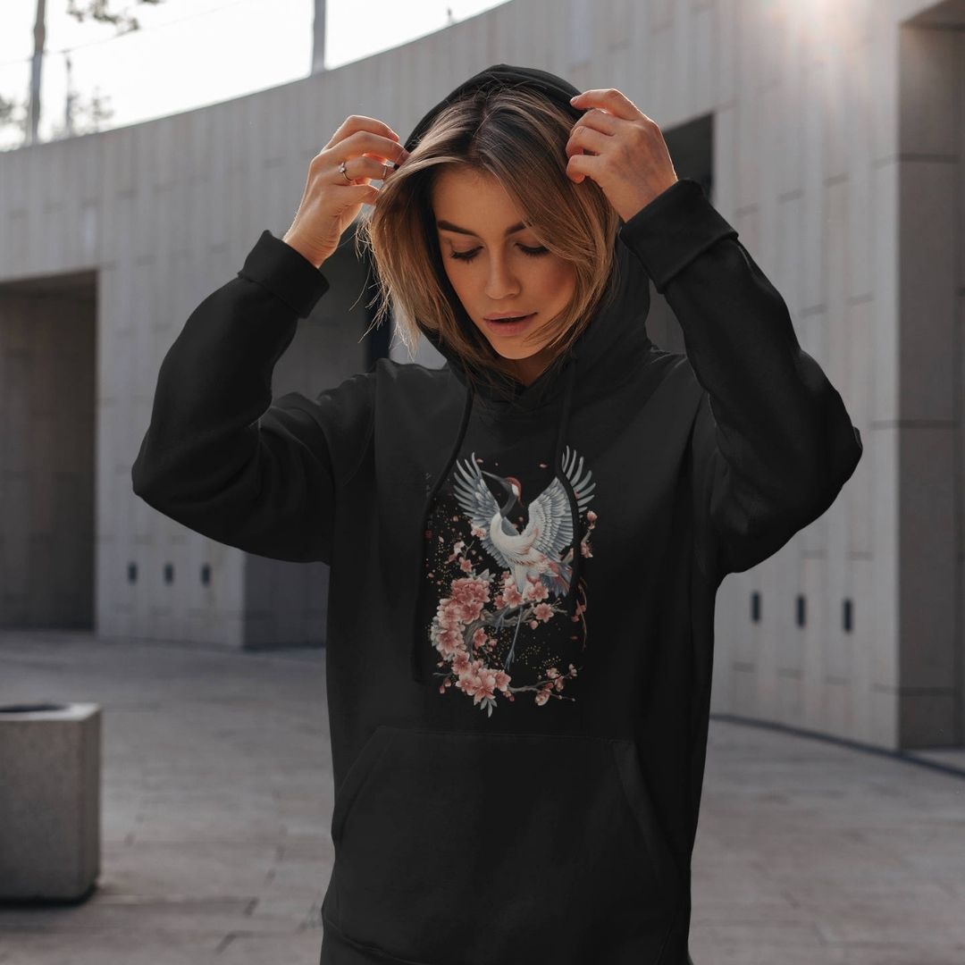 CRANE & FLOWER – Visible Sign Hoodie (Unisex, Schwarz, Frontprint) | YAMASHITA