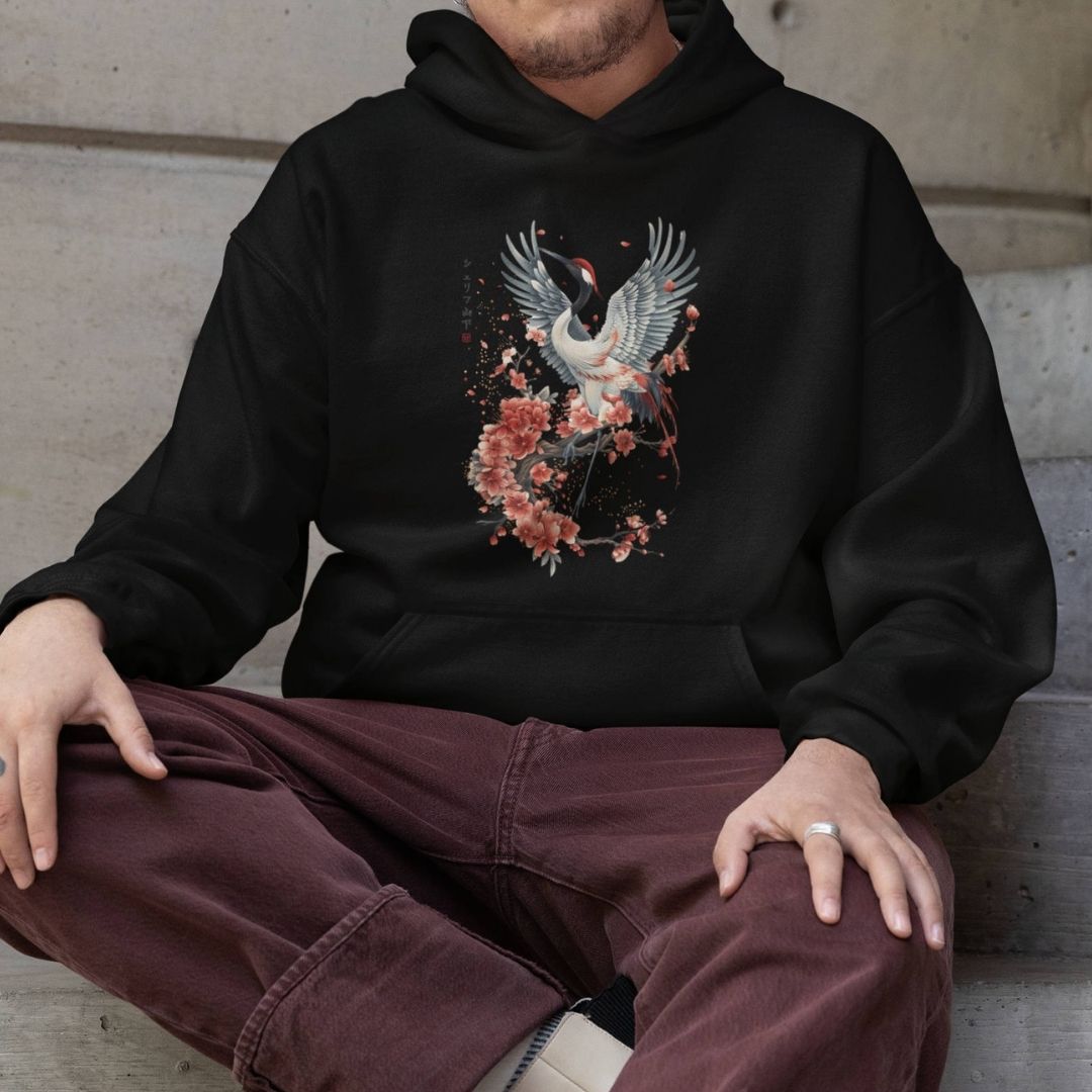 CRANE & FLOWER – Visible Sign Hoodie (Unisex, Schwarz, Frontprint) | YAMASHITA
