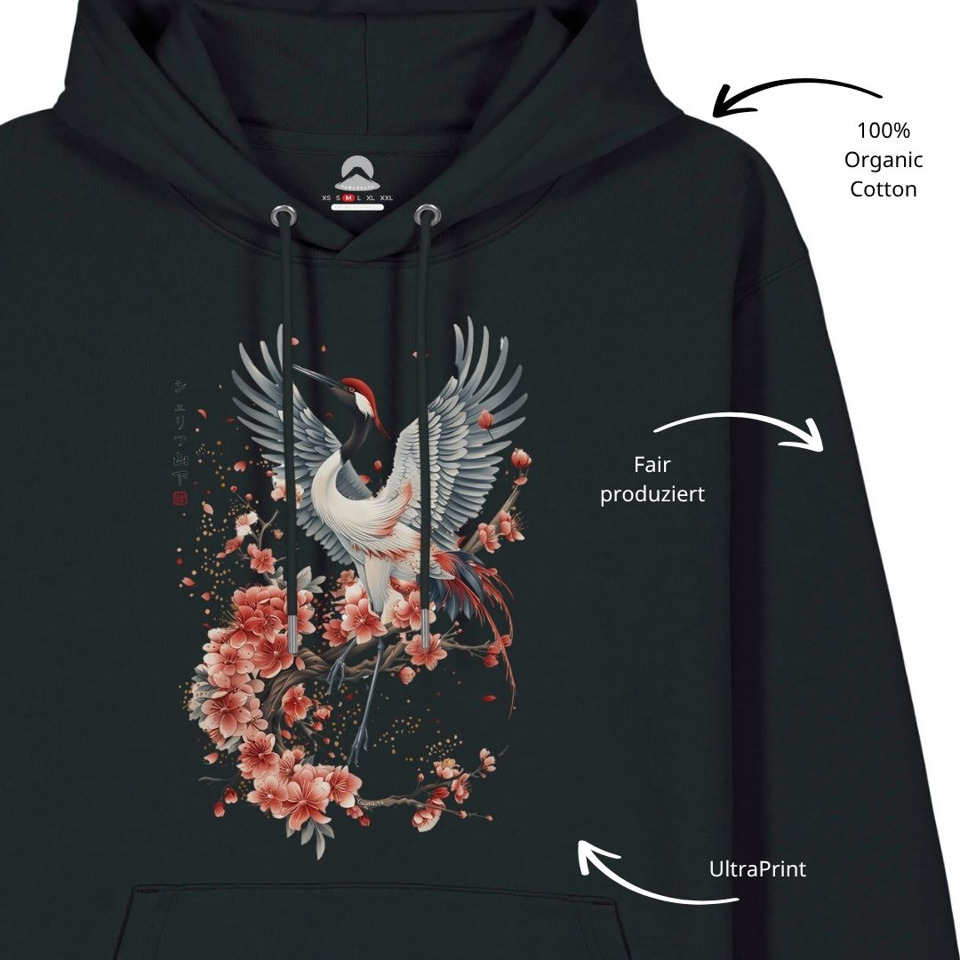 CRANE & FLOWER – Visible Sign Hoodie (Unisex, Schwarz, Frontprint) | YAMASHITA