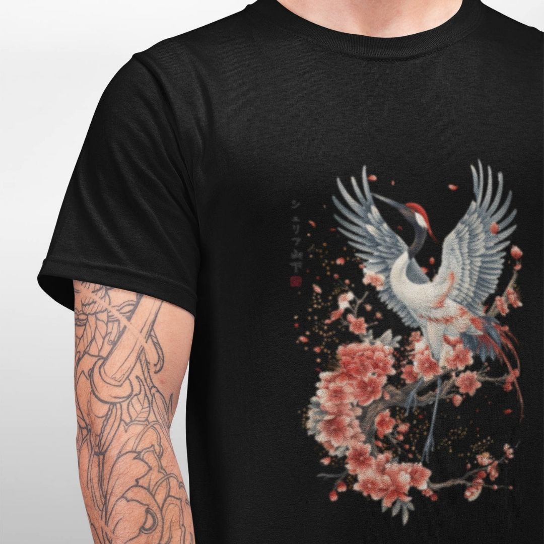 CRANE & FLOWER – Visible Sign T-Shirt (Herren, Schwarz) | YAMASHITA