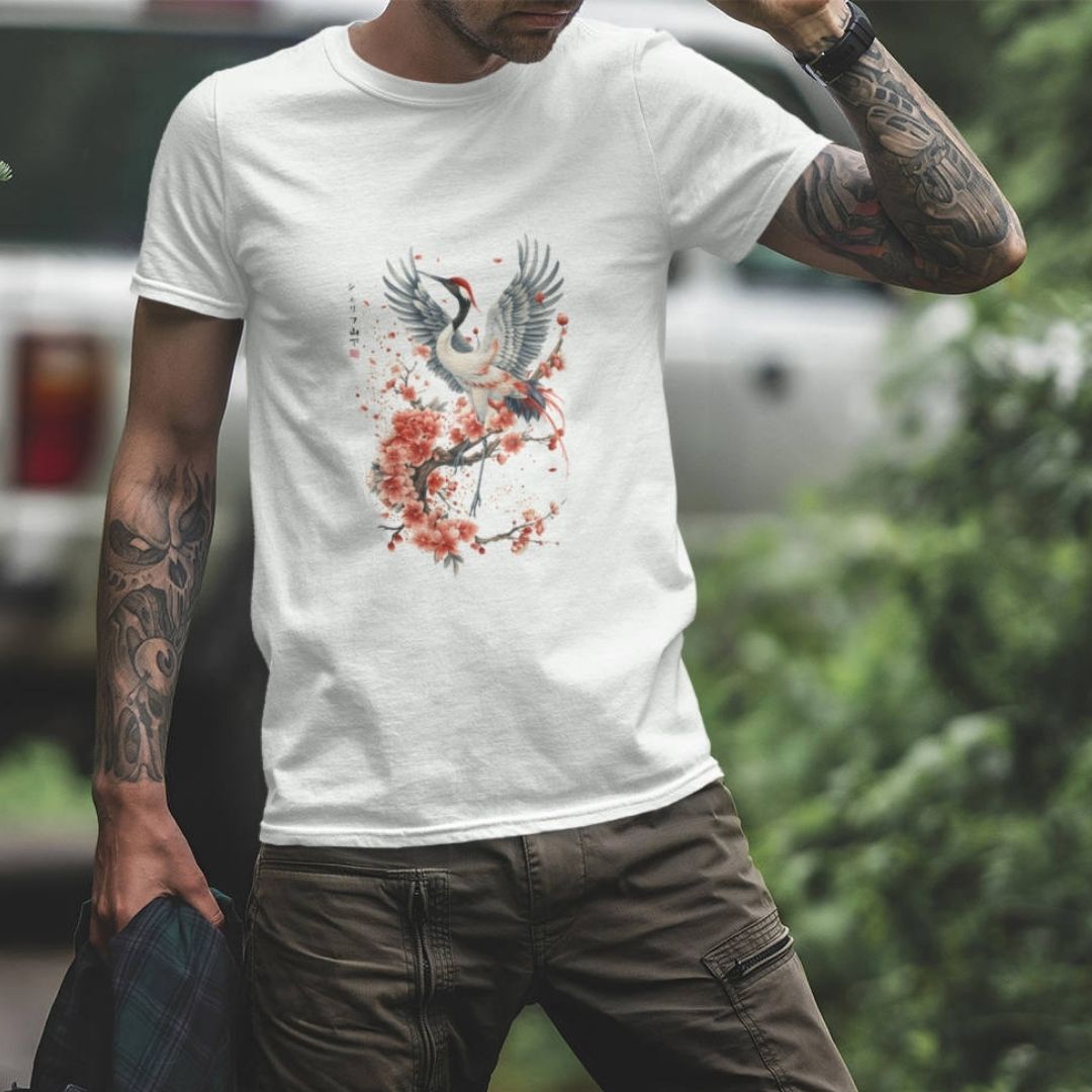 CRANE & FLOWER – Visible Sign T-Shirt (Herren, Weiß) | YAMASHITA