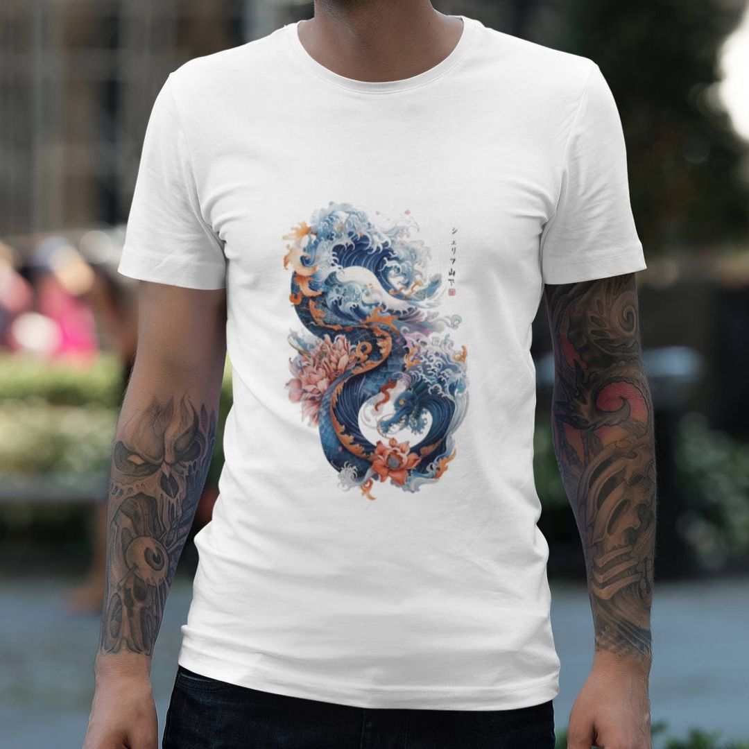 DRAGON & WAVES – Visible Sign T-Shirt (Herren, Weiß) | YAMASHITA