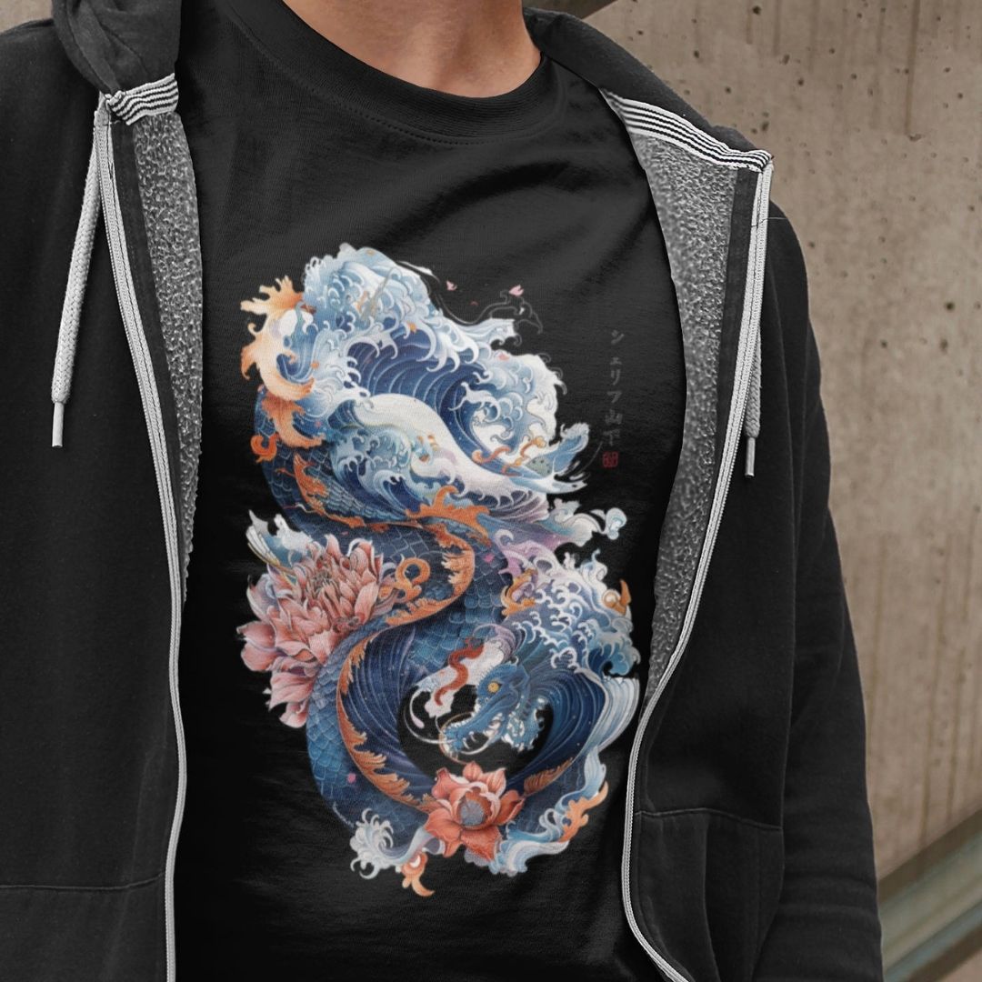 DRAGON & WAVES – Visible Sign T-Shirt (Herren, Schwarz) | YAMASHITA