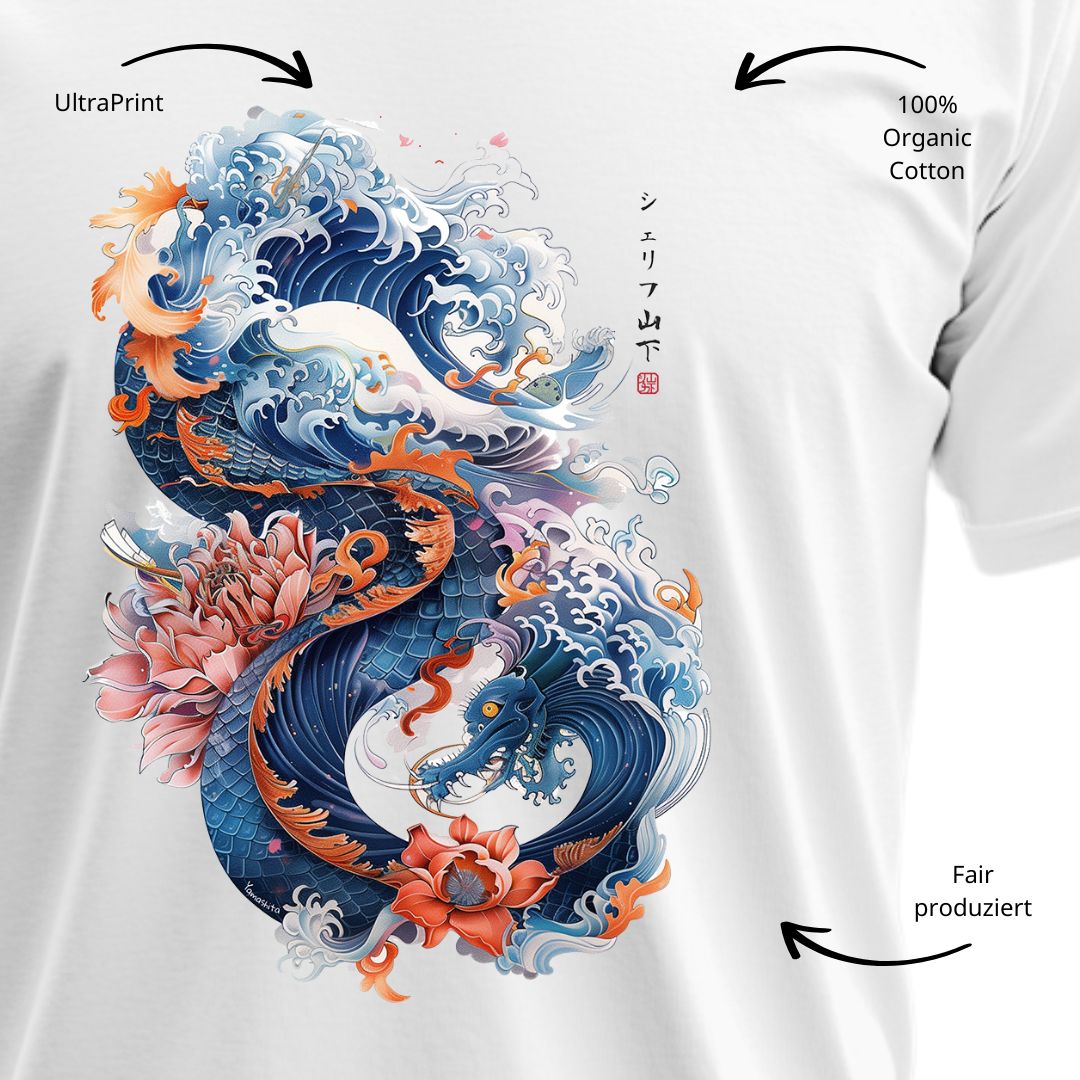DRAGON & WAVES – Visible Sign T-Shirt (Herren, Weiß) | YAMASHITA