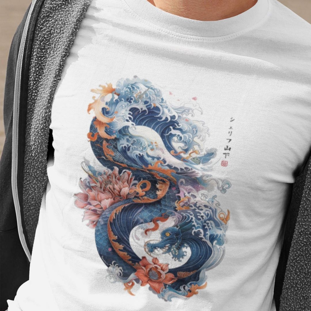 DRAGON & WAVES – Visible Sign T-Shirt (Herren, Weiß) | YAMASHITA