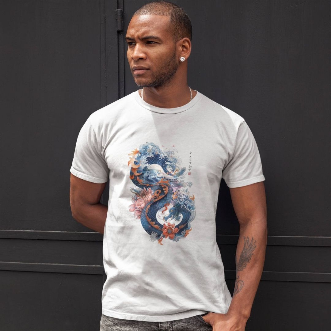 DRAGON & WAVES – Visible Sign T-Shirt (Herren, Weiß) | YAMASHITA