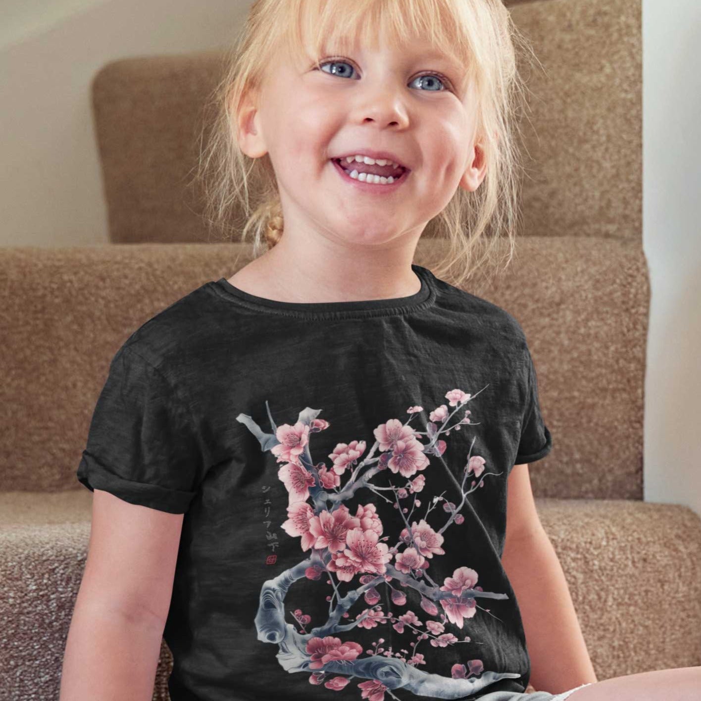 Japan Sakura Kirschblüten T-Shirt "Cherry Blossom" im Tattoo-Style von YAMASHITA für Kinder in weiss