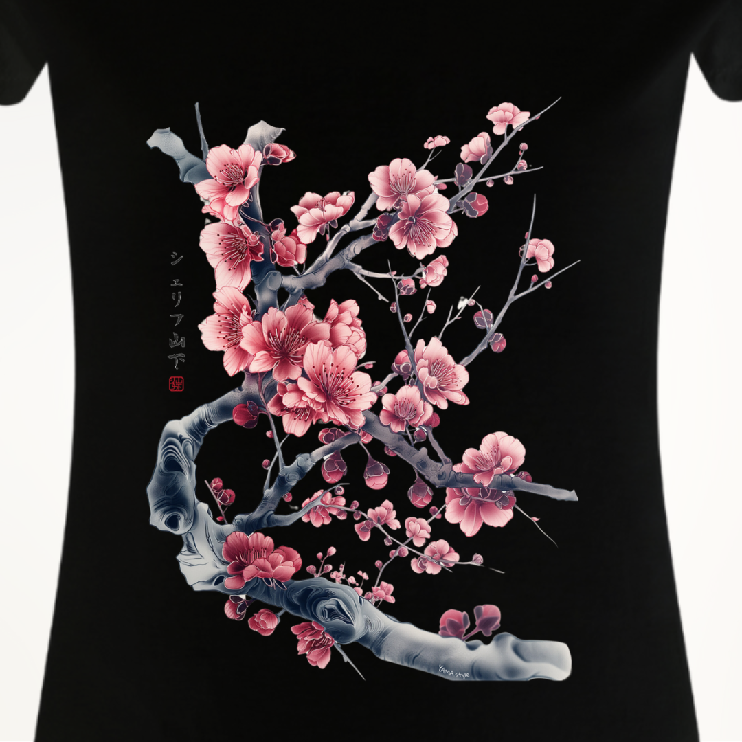 Damen T-Shirt "Cherry Blossom" YAMASHITA in schwarz, Größe M, Einzelstück