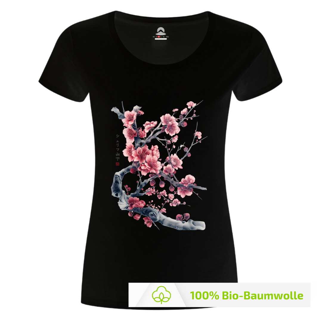 Damen T-Shirt "Cherry Blossom" YAMASHITA in schwarz, Größe M, Einzelstück