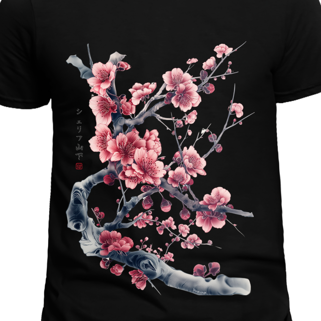 Japan Kirschblüten Herren T-Shirt "Cherry Blossom - Sakura" im Tattoo-Style von YAMASHITA in schwarz
