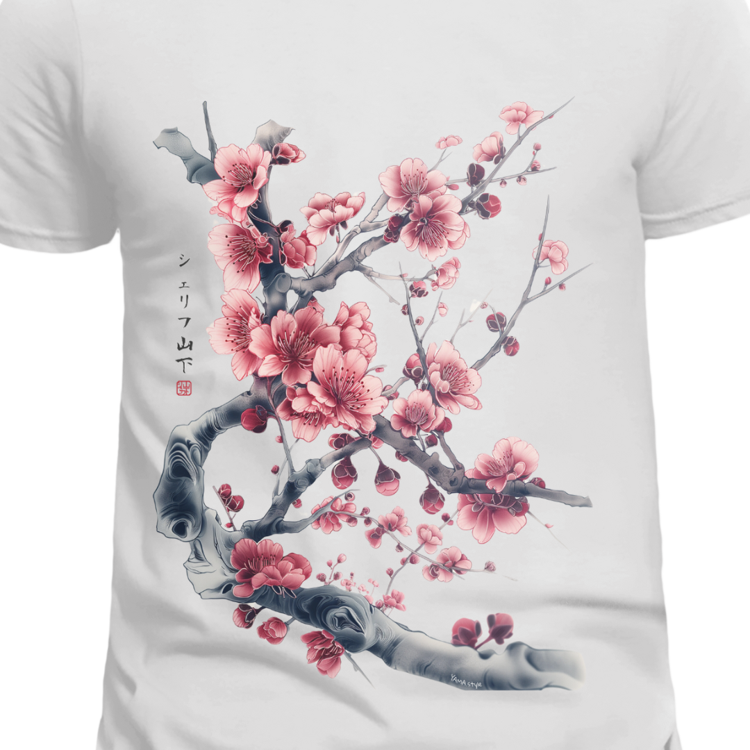 Japan Kirschblüten Herren T-Shirt "Cherry Blossom - Sakura" im Tattoo-Style von YAMASHITA in weiss
