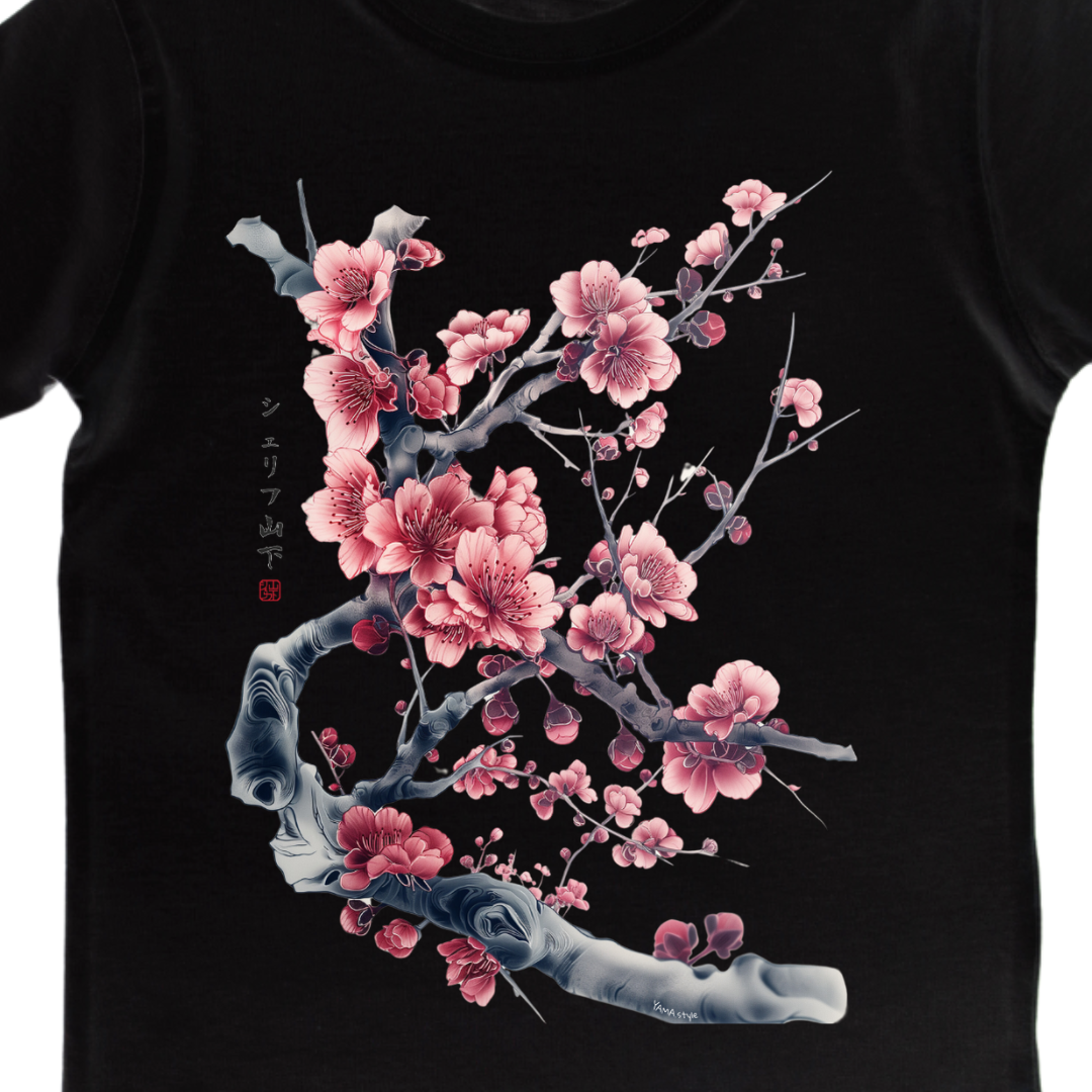 Japan Sakura Kirschblüten T-Shirt "Cherry Blossom" im Tattoo-Style von YAMASHITA für Kinder in weiss