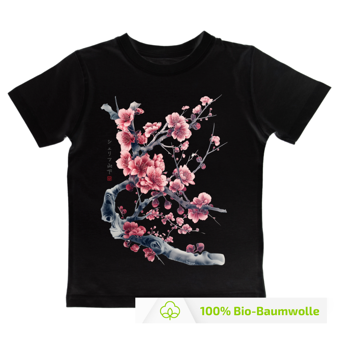 Japan Sakura Kirschblüten T-Shirt "Cherry Blossom" im Tattoo-Style von YAMASHITA für Kinder in weiss