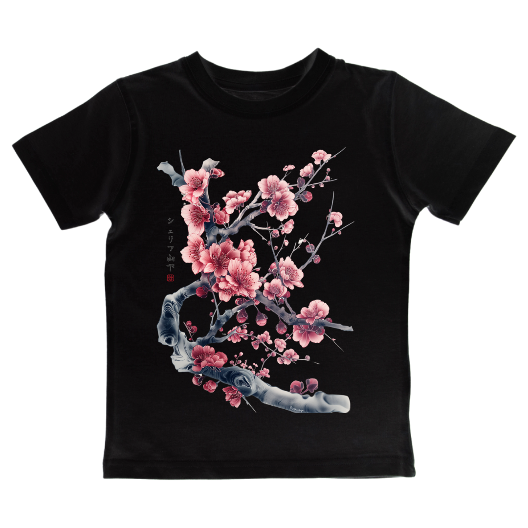 Japan Sakura Kirschblüten T-Shirt "Cherry Blossom" im Tattoo-Style von YAMASHITA für Kinder in weiss