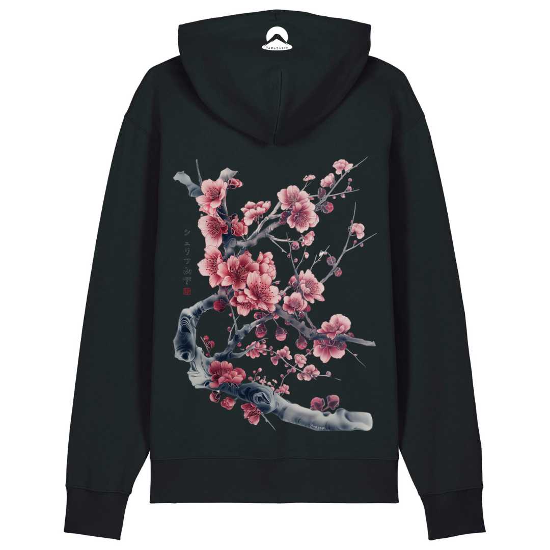 Japan Kirschblüten Hoodie Unisex Damen Herren "Cherry Blossom - Sakura" im Tattoo-Style von YAMASHITA in schwarz - Motiv hinten