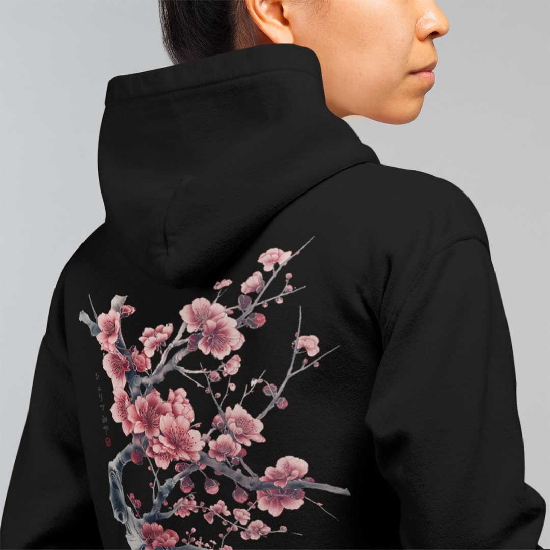 Japan Kirschblüten Hoodie Unisex Damen Herren "Cherry Blossom - Sakura" im Tattoo-Style von YAMASHITA in schwarz - Motiv hinten
