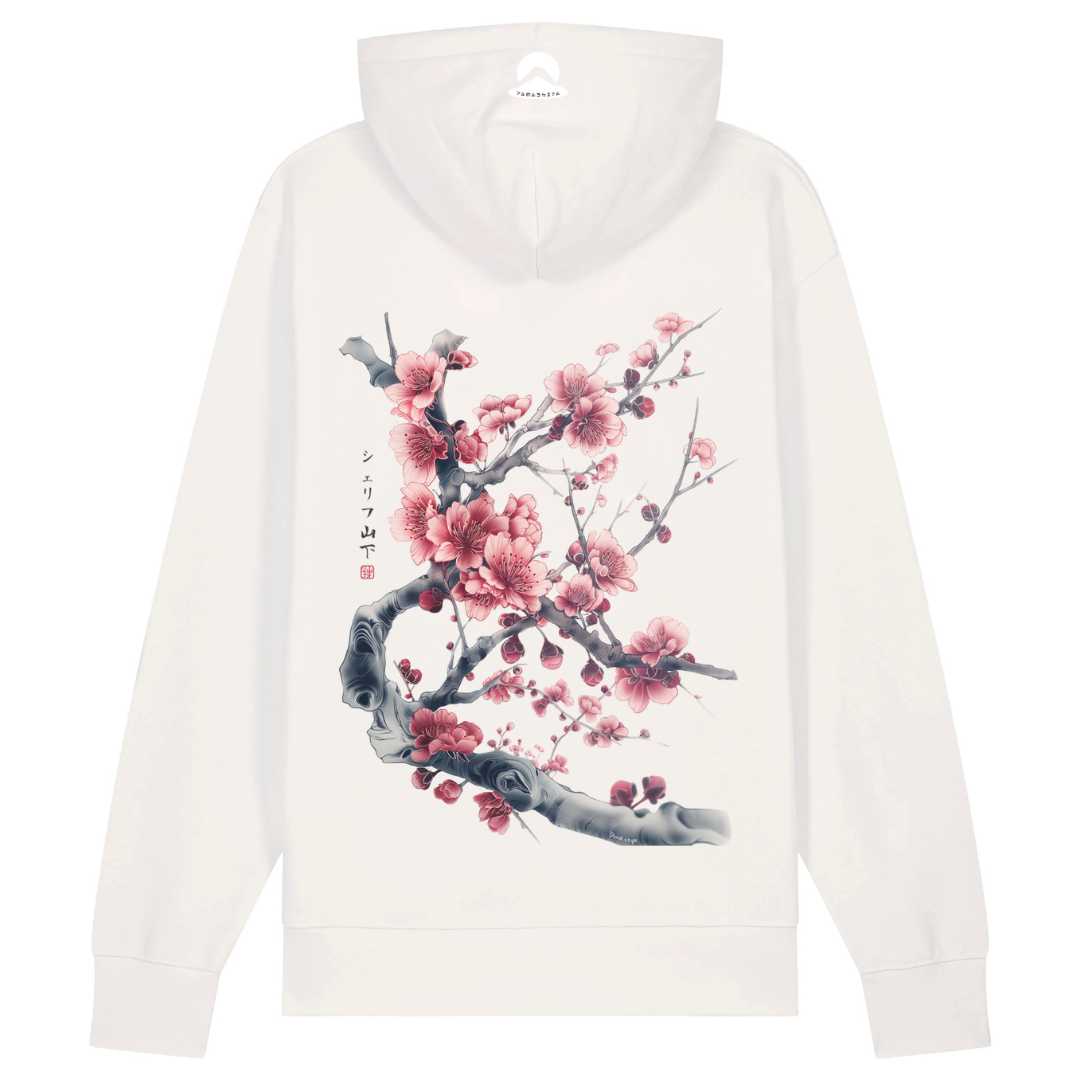 Japan Kirschblüten Hoodie Unisex Damen Herren "Cherry Blossom - Sakura"  im Tattoo-Style von YAMASHITA in off-white natur-weiss - Motiv hinten