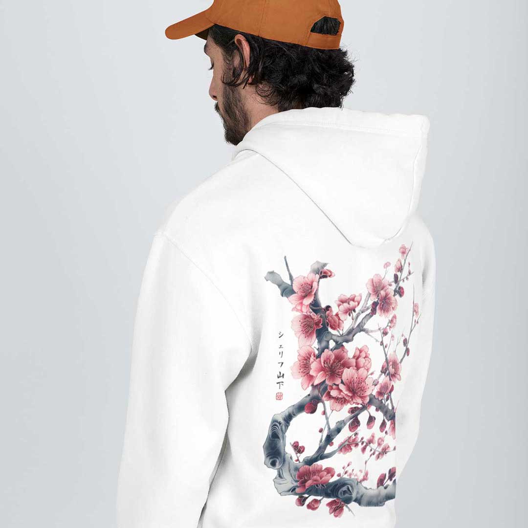 Japan Kirschblüten Hoodie Unisex Damen Herren "Cherry Blossom - Sakura"  im Tattoo-Style von YAMASHITA in off-white natur-weiss - Motiv hinten