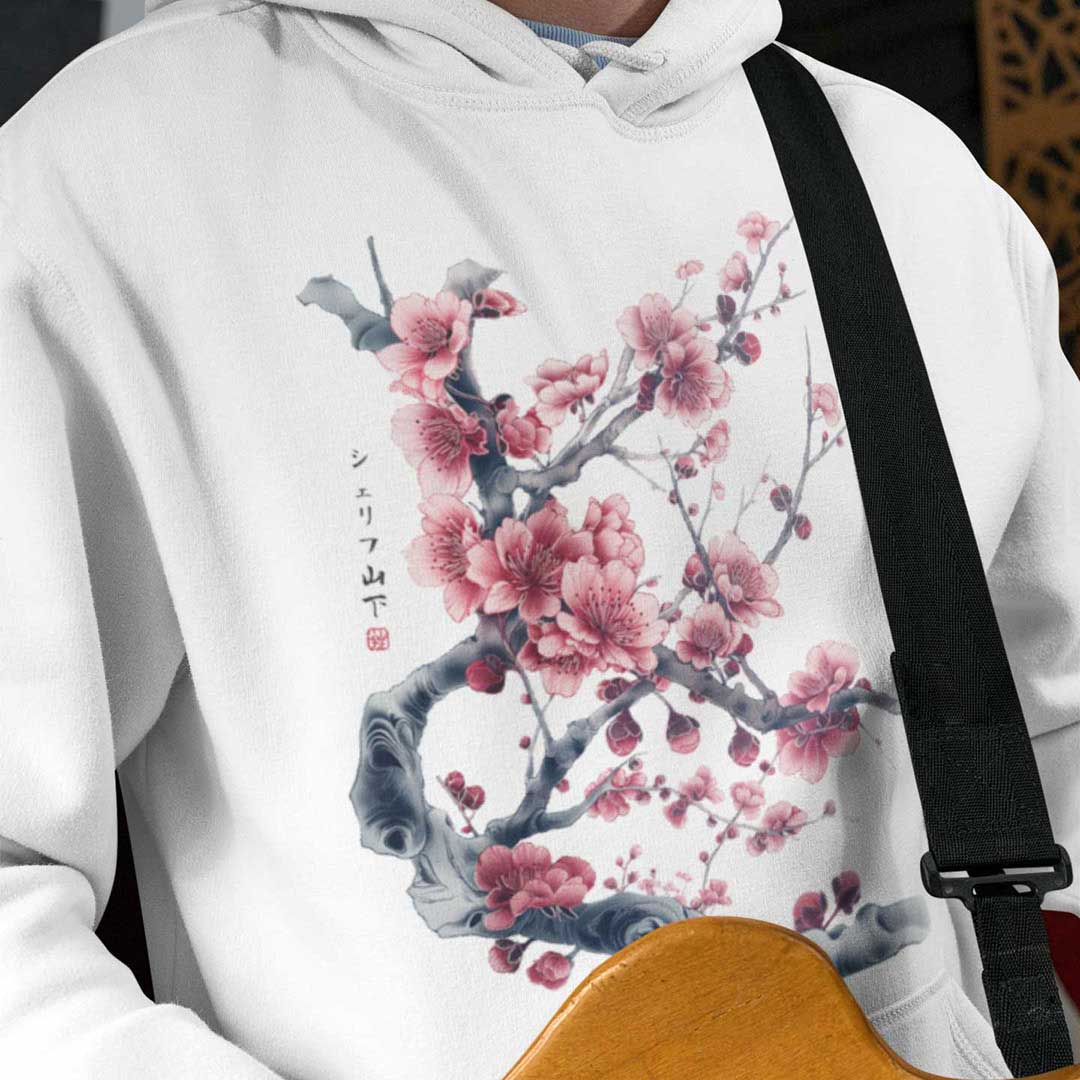 Japan Kirschblüten Premium Hoodie Unisex Damen Herren "Cherry Blossom - Sakura" im Tattoo-Style von YAMASHITA in off-white natur-weiss - Motiv vorne