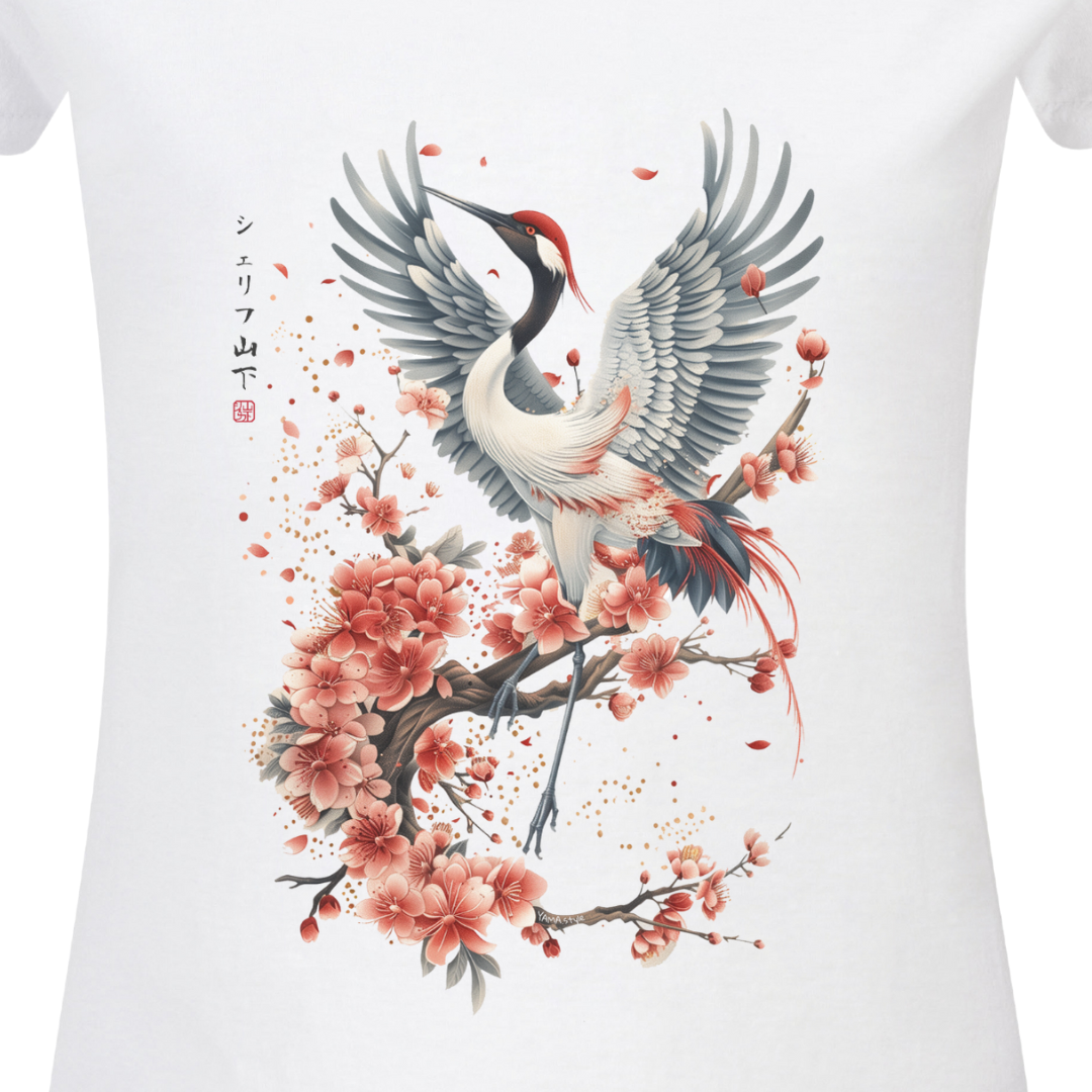 Japan Kranich Damen T-Shirt "Crane & Flower" im Tattoo-Style von YAMASHITA in weiss