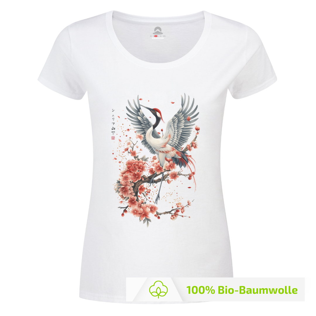 Japan Kranich Damen T-Shirt "Crane & Flower" im Tattoo-Style von YAMASHITA in weiss