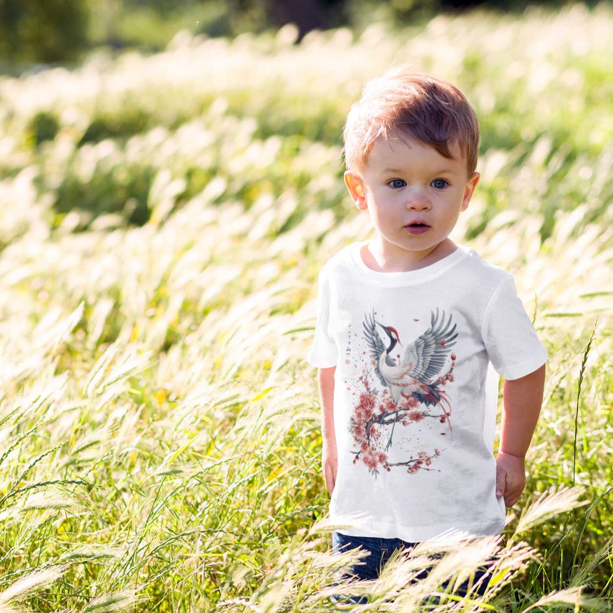 Japan Kranich Premium T-Shirt "Crane & Flower" im Tattoo-Style von YAMASHITA für Kinder in weiss