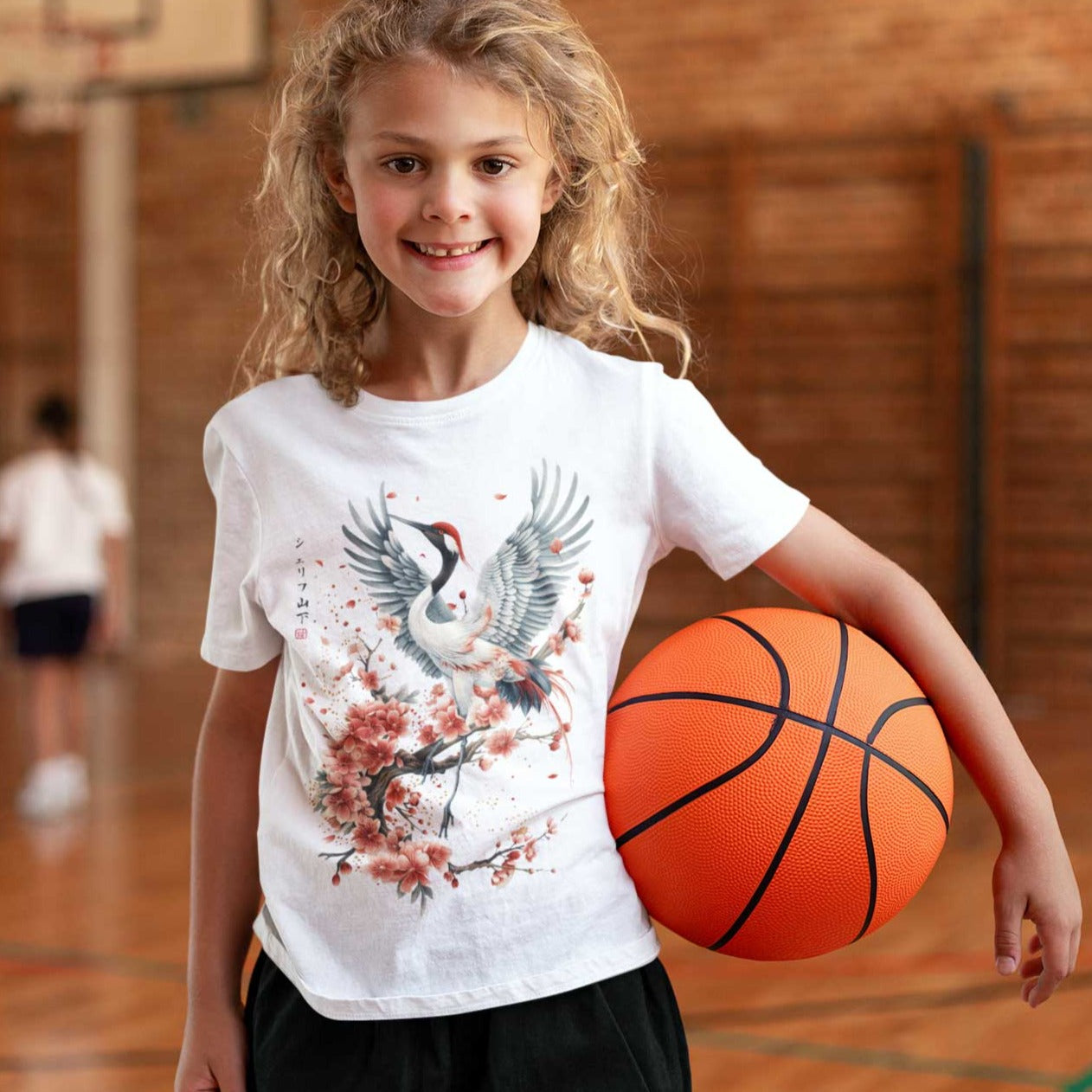 Japan Kranich Premium T-Shirt "Crane & Flower" im Tattoo-Style von YAMASHITA für Kinder in weiss