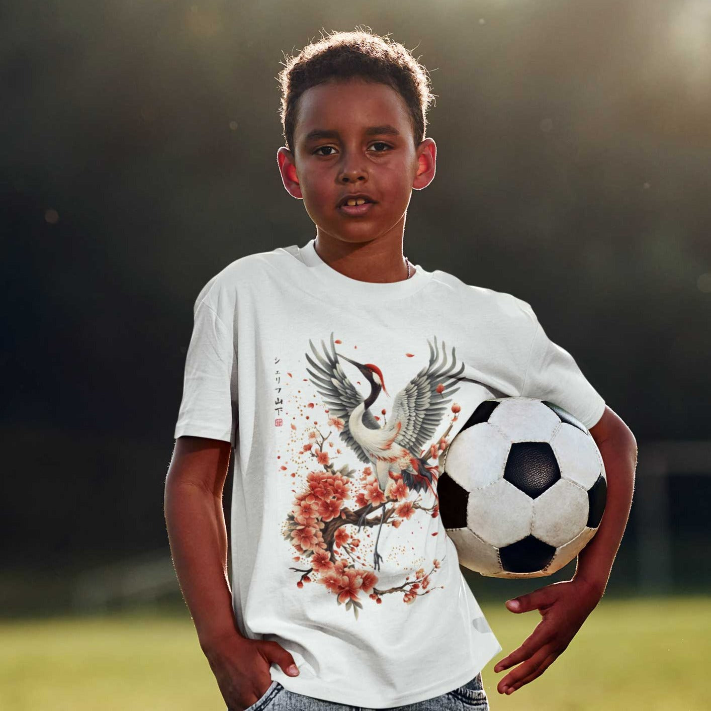 Japan Kranich Premium T-Shirt "Crane & Flower" im Tattoo-Style von YAMASHITA für Kinder in weiss