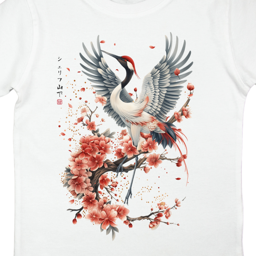 Japan Kranich Premium T-Shirt "Crane & Flower" im Tattoo-Style von YAMASHITA für Kinder in weiss