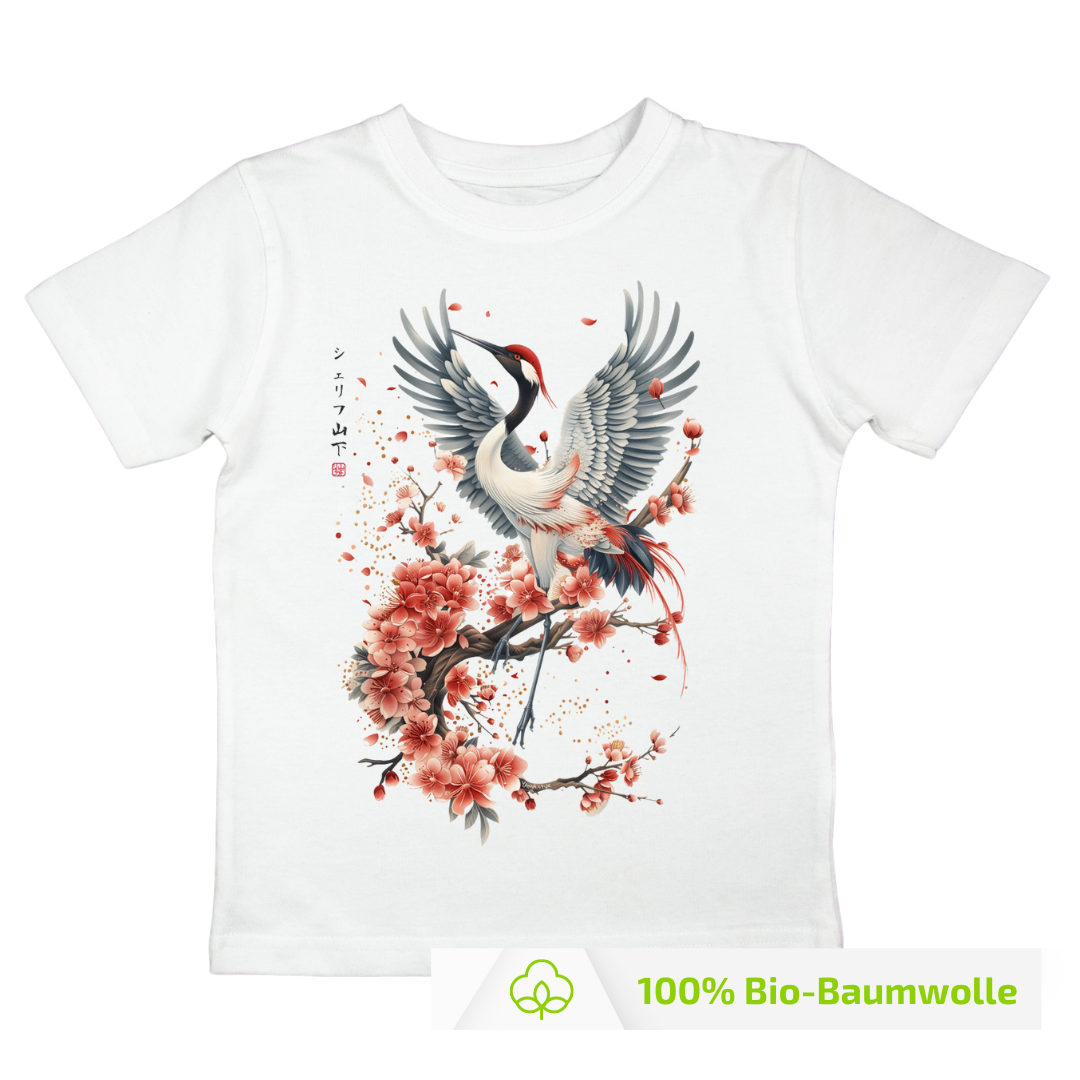 Japan Kranich Premium T-Shirt "Crane & Flower" im Tattoo-Style von YAMASHITA für Kinder in weiss