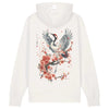 Japan Kranich Hoodie Unisex Damen Herren "Crane & Flower" im Tattoo-Style von YAMASHITA in off-white natur-weiss - Motiv hinten