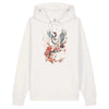 Japan Kranich Hoodie Unisex Damen Herren "Crane & Flower" im Tattoo-Style von YAMASHITA in off-white natur-weiss - Motiv vorne