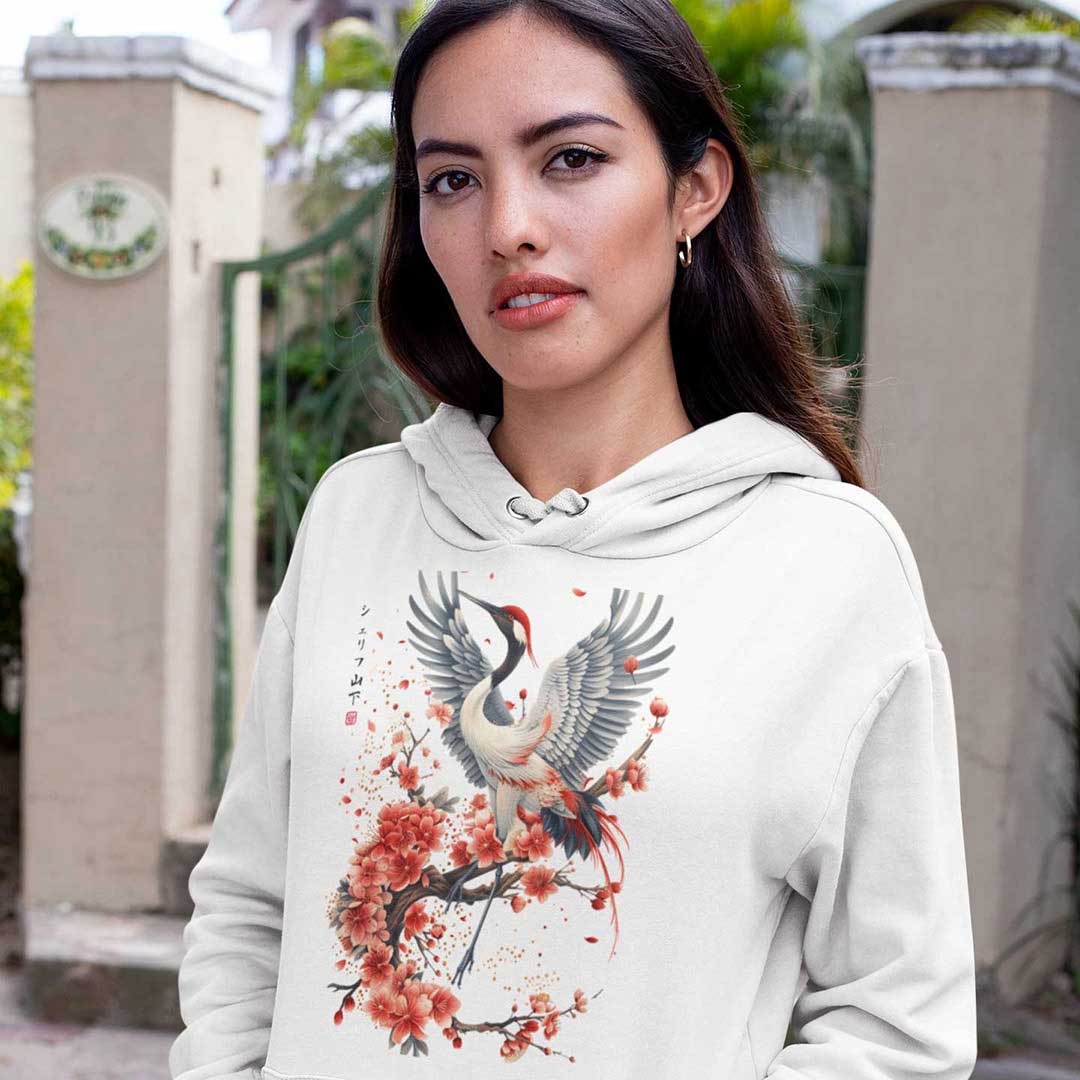 Japan Kranich Hoodie Unisex Damen Herren "Crane & Flower" im Tattoo-Style von YAMASHITA in off-white natur-weiss - Motiv vorne