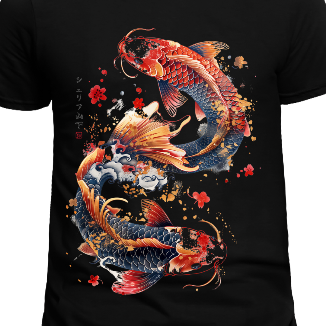 Japan Koi Herren T-Shirt "Dancing Koi" im Tattoo-Style von YAMASHITA in schwarz