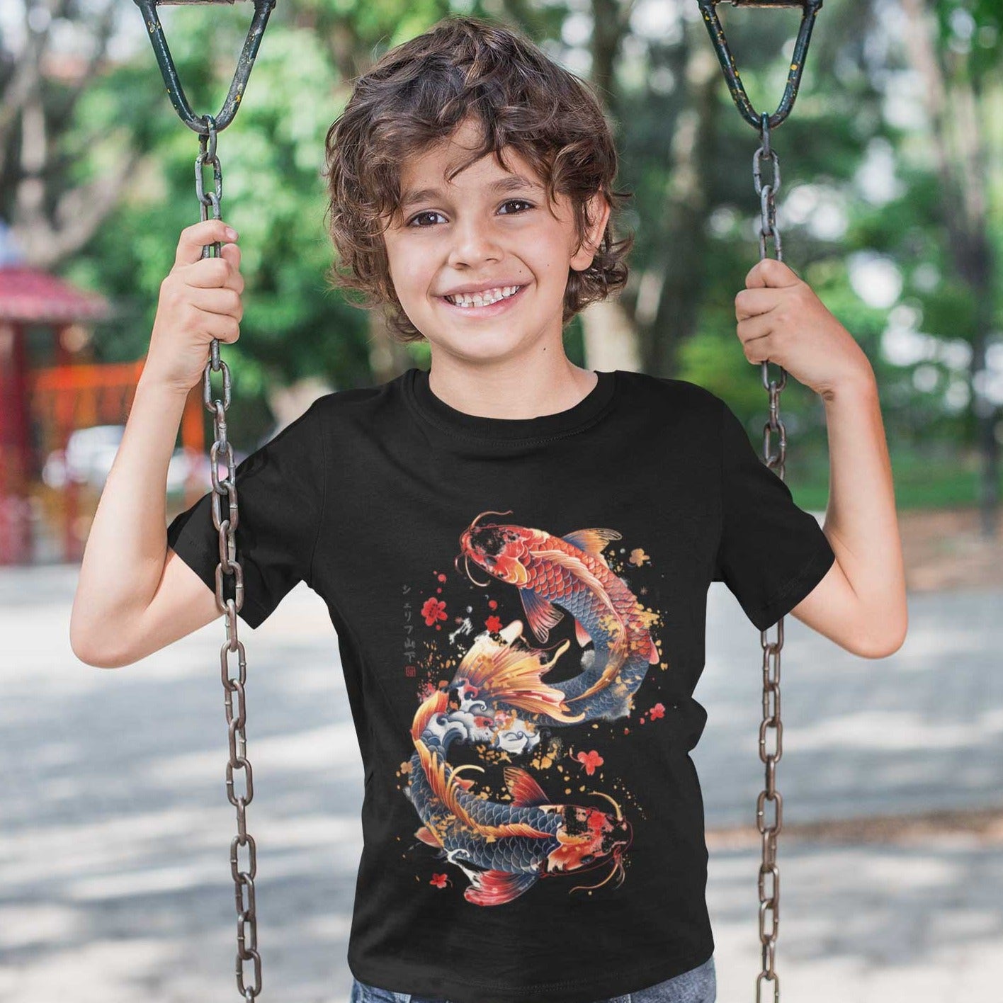 Japan Koi T-Shirt "Dancing Koi" im Tattoo-Style von YAMASHITA für Kinder in schwarz
