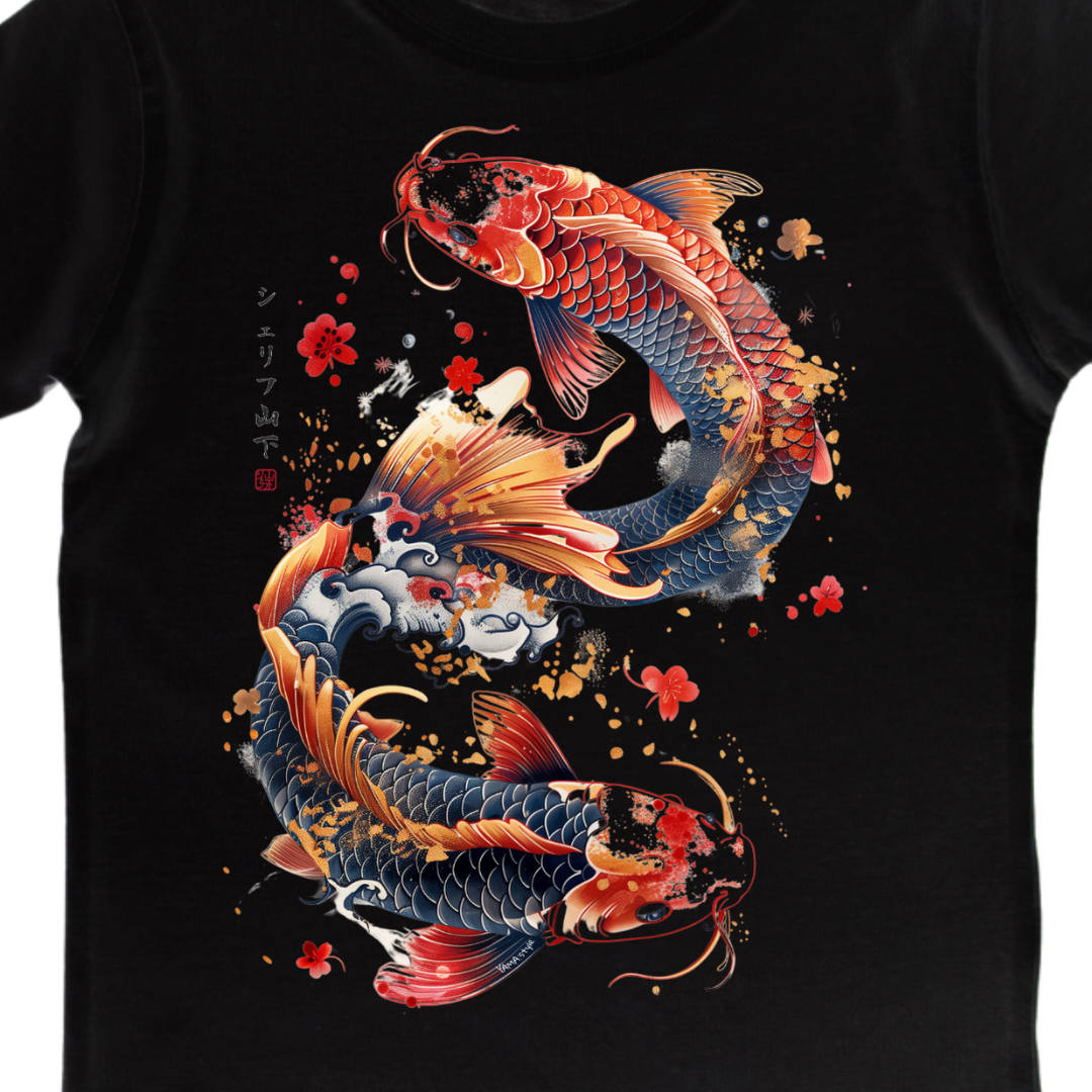Japan Koi T-Shirt "Dancing Koi" im Tattoo-Style von YAMASHITA für Kinder in schwarz